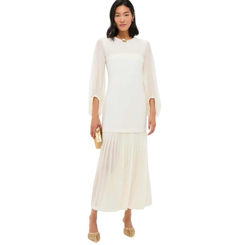 EUC Womens 8 Tuckernuck Ivory Chiffon Pleated Lorraine Dress Coquette $298 Retro